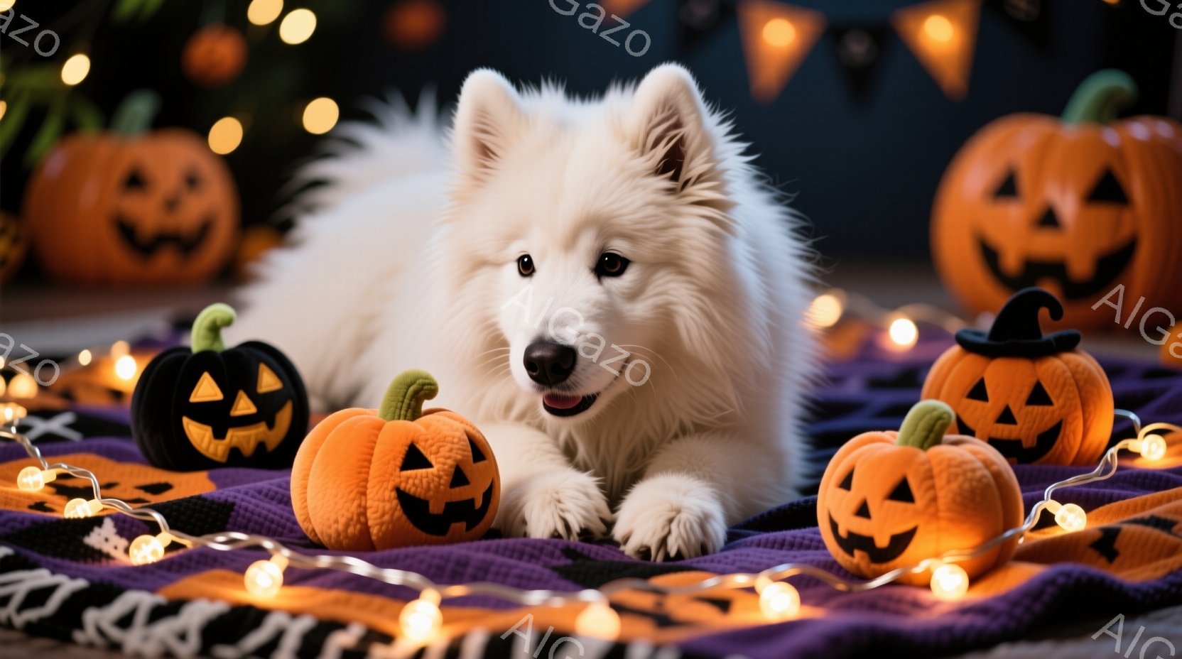 白い毛並みの犬が、ハロウィーンの装飾であるかぼちゃに囲まれて紫色と黒色の縞模様の毛布の上に横たわっています。犬は穏やかな表情で正面を見つめ、リラックスした様子が伝わってきます。背景には、点灯したハロウ - AI生成フリー素材