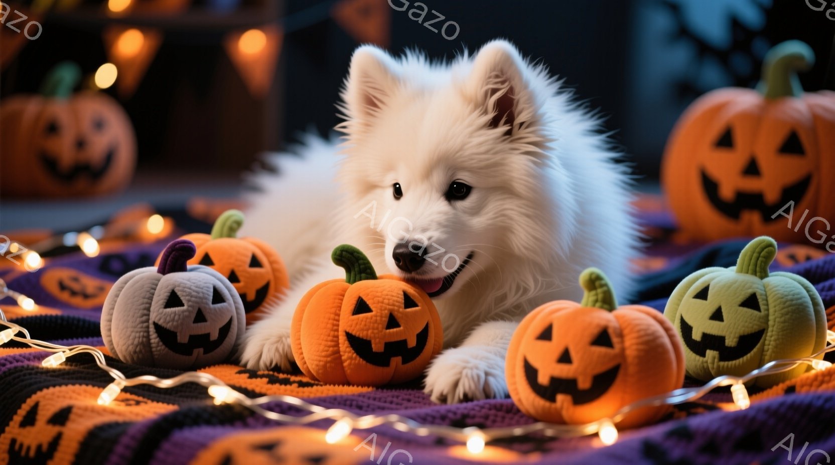 白い毛並みの犬が、ハロウィーンの飾りであるカボチャのぬいぐるみたちに囲まれて横たわっています。犬は穏やかな表情でカメラを見つめており、背景には紫色の編み物とオレンジ色の光が灯ったハロウィーンの装飾が広 - AI生成フリー素材