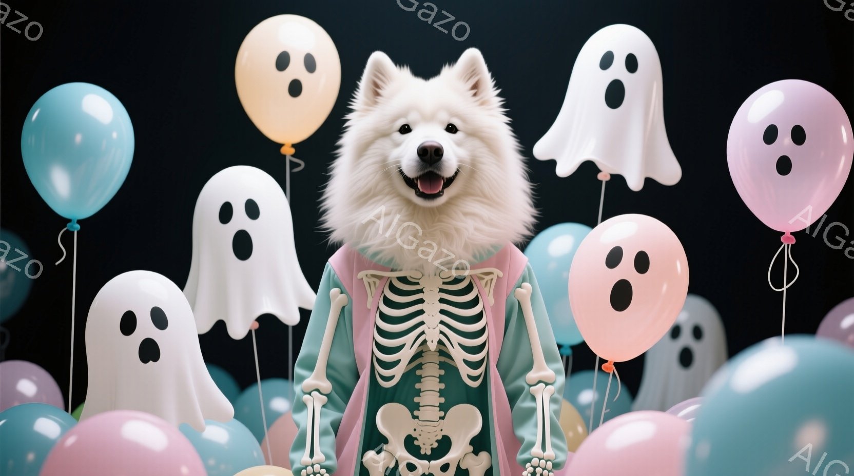 白い毛並みの犬が骸骨のコスチュームを着て、ハロウィンの飾り付けられた背景に佇んでいます。犬はまっすぐ前を見ており、少し微笑んでいるような表情をしています。背景には、パステルカラーの風船と幽霊の形をした - AI生成フリー素材