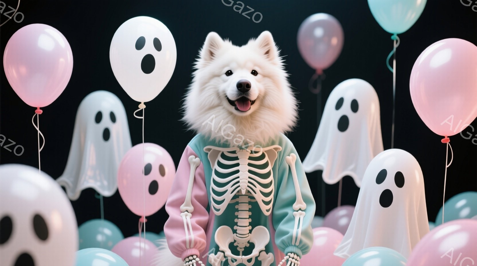 白い毛並みの犬が、ハロウィーンらしい骨格柄の緑色のジャケットを着ています。背景には、ピンクと水色の可愛らしいお化けの風船が浮かび、犬は正面を見据え、少し微笑んでいるように見えます。全体的に明るく、お祝 - AI生成フリー素材