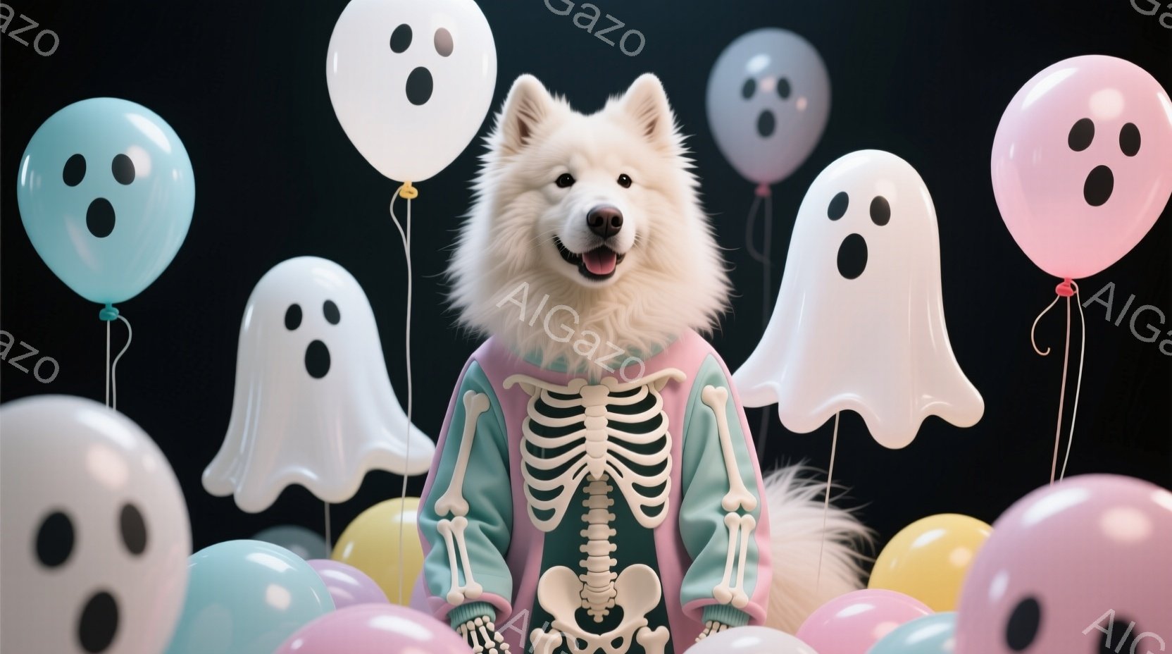 白い毛並みの犬が、ハロウィーンをテーマにした衣装を着ています。骨格を模した緑色のジャケットを着て、少し嬉しそうな表情をしています。背景には、パステルカラーの幽霊の形をした風船が浮かび、お祝いの雰囲気を - AI生成フリー素材