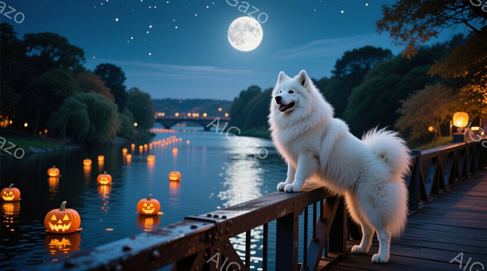 白い毛並みの大型犬が、装飾された橋の欄干に前足を乗せて立っている。背景には、ハロウィーンのランタンで飾られた水面と、遠くに見える橋や木々が広がり、満月が夜空を照らしている。全体的に幻想的で温かい雰囲気であり、秋の夜のハロウィーンイベントを彷彿とさせる。