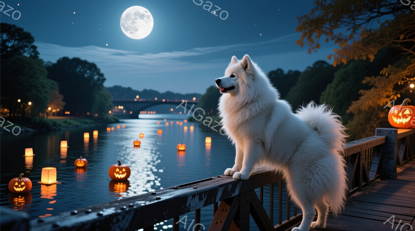 白い毛並みの大型犬が、夜の川にかかる橋の欄干に立ち、遠くを優しい眼差しで見つめている。川面には無数のオレンジ色のジャック・オ・ランタンが浮かび、月明かりに照らされた背景には木々が並び、ハロウィーンの幻 - AI生成フリー素材