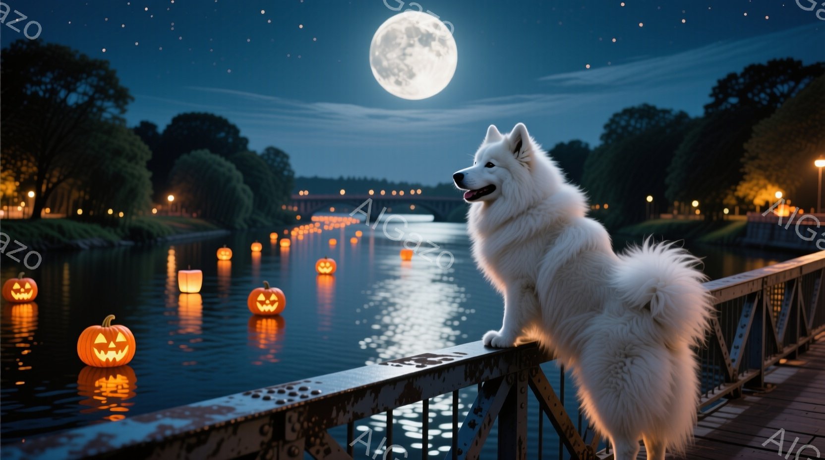 白い毛並みの大きな犬が、夜の川にかかる橋の欄干に前足を乗せて座っています。背景には、オレンジ色に光るカボチャのランタンが水面に浮かび、遠くには街の明かりが見え、満月が夜空を照らしています。全体的に、幻 - AI生成フリー素材