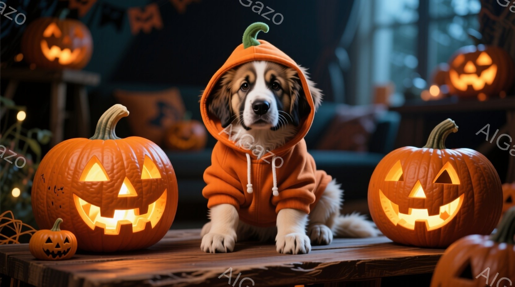愛らしい子犬がオレンジ色のハロウィーン風パーカーを着て、磨かれた木製のテーブルの上に座っています。周囲には、様々な大きさの彫刻が施されたカボチャが並べられ、暖かくオレンジ色の光を放っています。背景は暗 - AI生成フリー素材