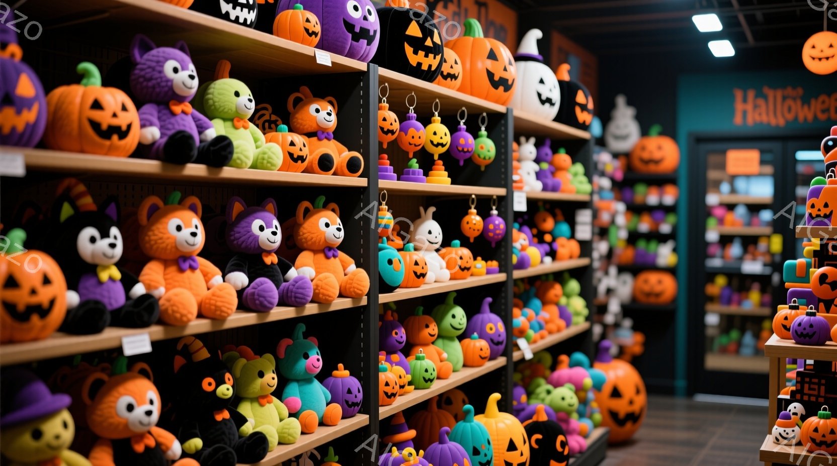 ハロウィーンの装飾品がずらりと並んだ店内です。オレンジ、紫、緑色のカボチャや猫のぬいぐるみなどが棚に並び、ハロウィーンの雰囲気を盛り上げています。明るい照明とカラフルな商品が楽しい雰囲気を醸し出してい - AI生成フリー素材