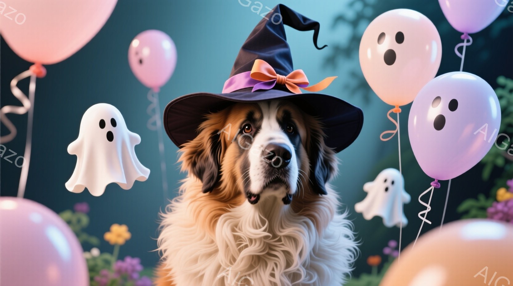 大型のスイス・グレーターンド（グレートダン）という犬が、魔法使いのコスチュームを着用して、ホログラフィックな背景で様々な「フランケン」バルロンを周りに持っていることを表しています。犬は優雅に立ち、目を合わせて人間のような表情をしており、全体としてホログラフィックな背景が暗黙的な魔法の空間を演出しています。