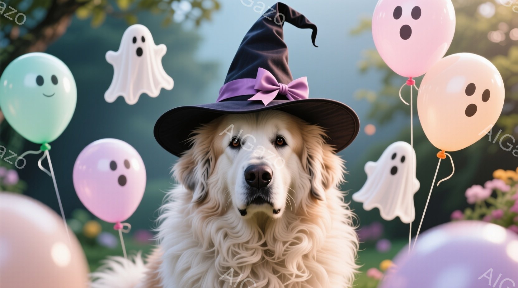 ふわふわのクリーム色の毛並みを持つ大型犬が、ハロウィーンの帽子を被ってこちらを見つめています。周囲には、お化けや顔が描かれたピンクや水色の風船が浮かび、背景には緑豊かな自然が広がっています。全体的に、 - AI生成フリー素材