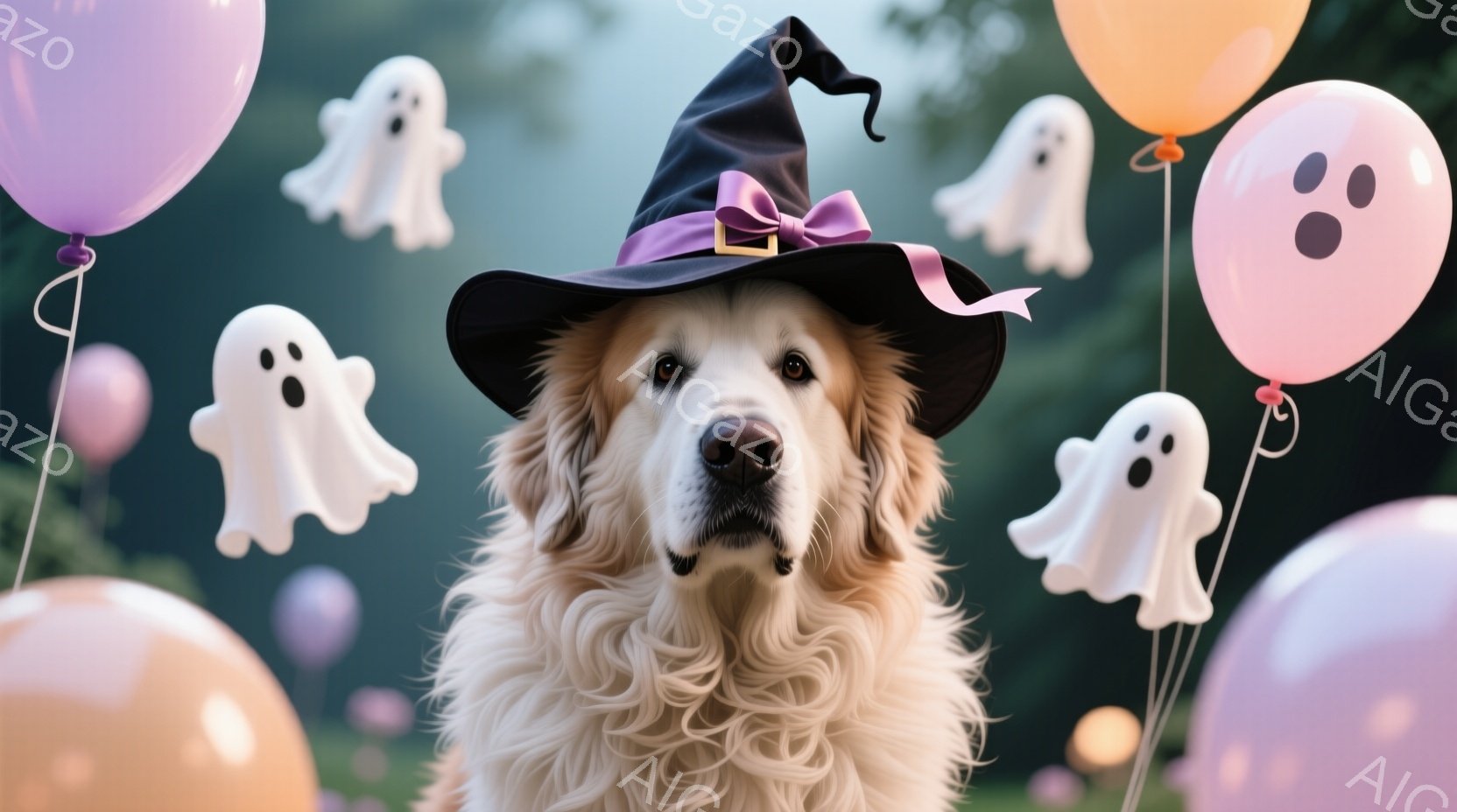 ゴールデンレトリバーがハロウィーンの帽子をかぶり、正面を見つめている。背景には、パステルカラーの風船や幽霊の形をした飾り付けが浮かび、お祝いの雰囲気を醸し出している。全体的に柔らかい光が差し込み、温か - AI生成フリー素材