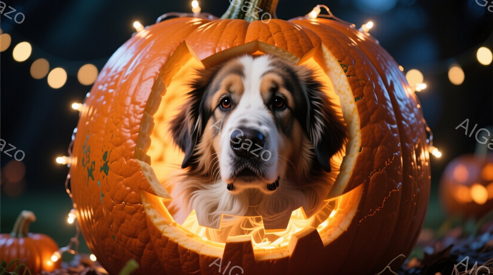 大きなオレンジ色のカボチャの中に、毛並みの美しい犬が顔を出しています。犬は少し真剣な表情で、暖かく光るカボチャの内部からの光がその顔を照らしています。背景にはぼやけた他のカボチャや、光るイルミネーショ - AI生成フリー素材