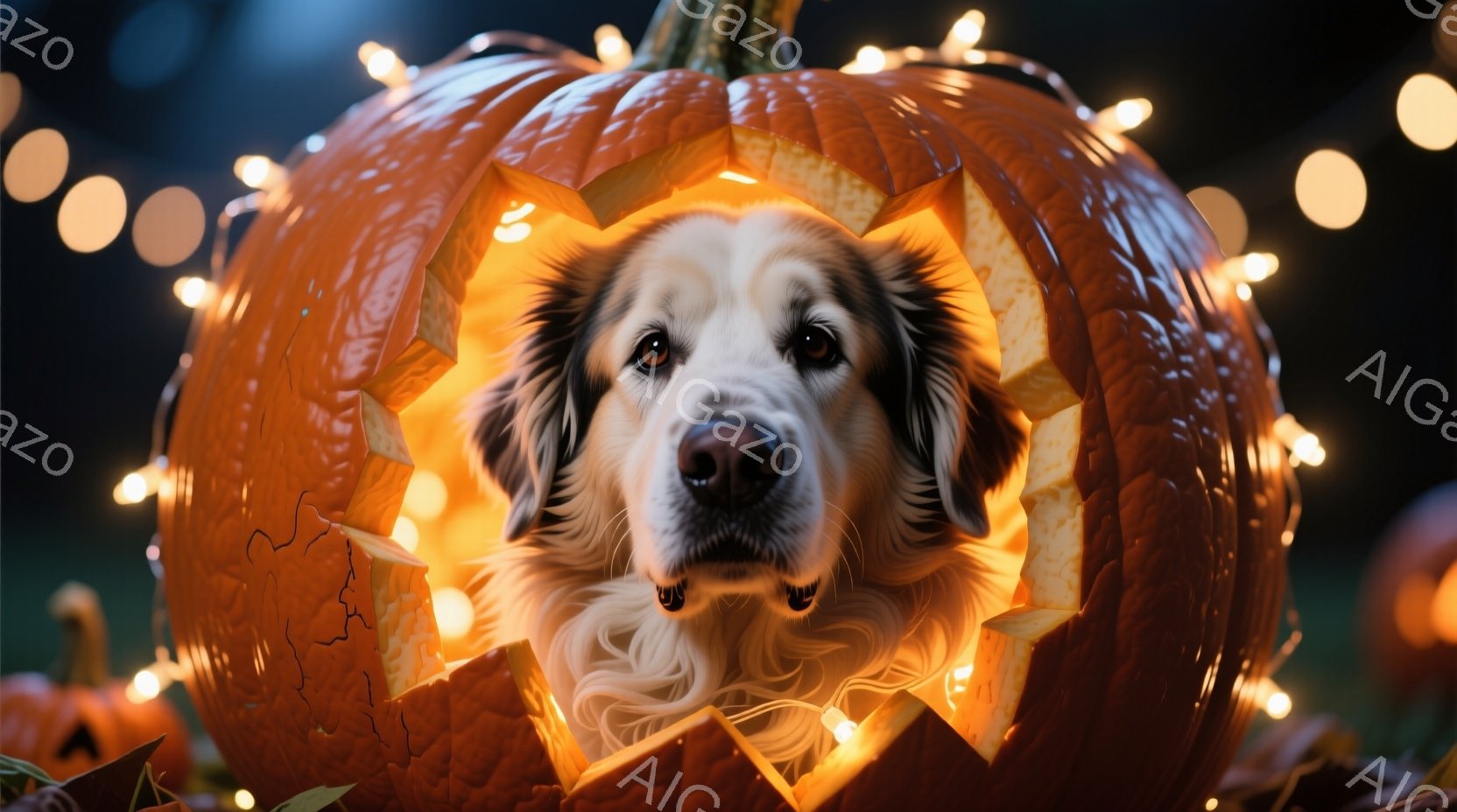 白と黒の毛並みを持つ大きな犬が、くり抜かれたハロウィンのカボチャの中に顔を出している。犬は正面を見つめ、穏やかで好奇心に満ちた表情をしている。背景にはぼやけたオレンジ色の光と、ハロウィンの装飾と思われ - AI生成フリー素材