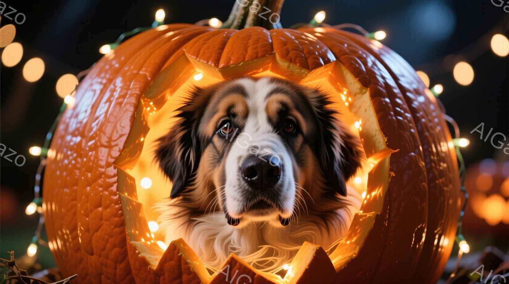 大きなオレンジ色のカボチャの中に、毛むくじゃらの犬が顔を出しています。犬は茶色と黒の毛並みで、優しく穏やかな表情をしています。背景にはぼやけたオレンジ色の光が散りばめられ、ハロウィンのような雰囲気で、 - AI生成フリー素材