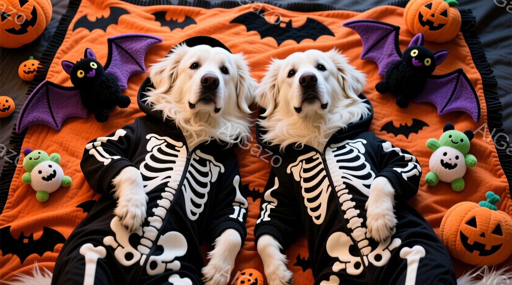 ふわふわの白い毛並みの犬が2匹、ハロウィーンをテーマにしたオレンジ色の背景に寝そべっています。2匹とも骸骨柄の黒い衣装を着ており、頭には黒い帽子を被っています。背景には、カボチャやコウモリのぬいぐるみ - AI生成フリー素材
