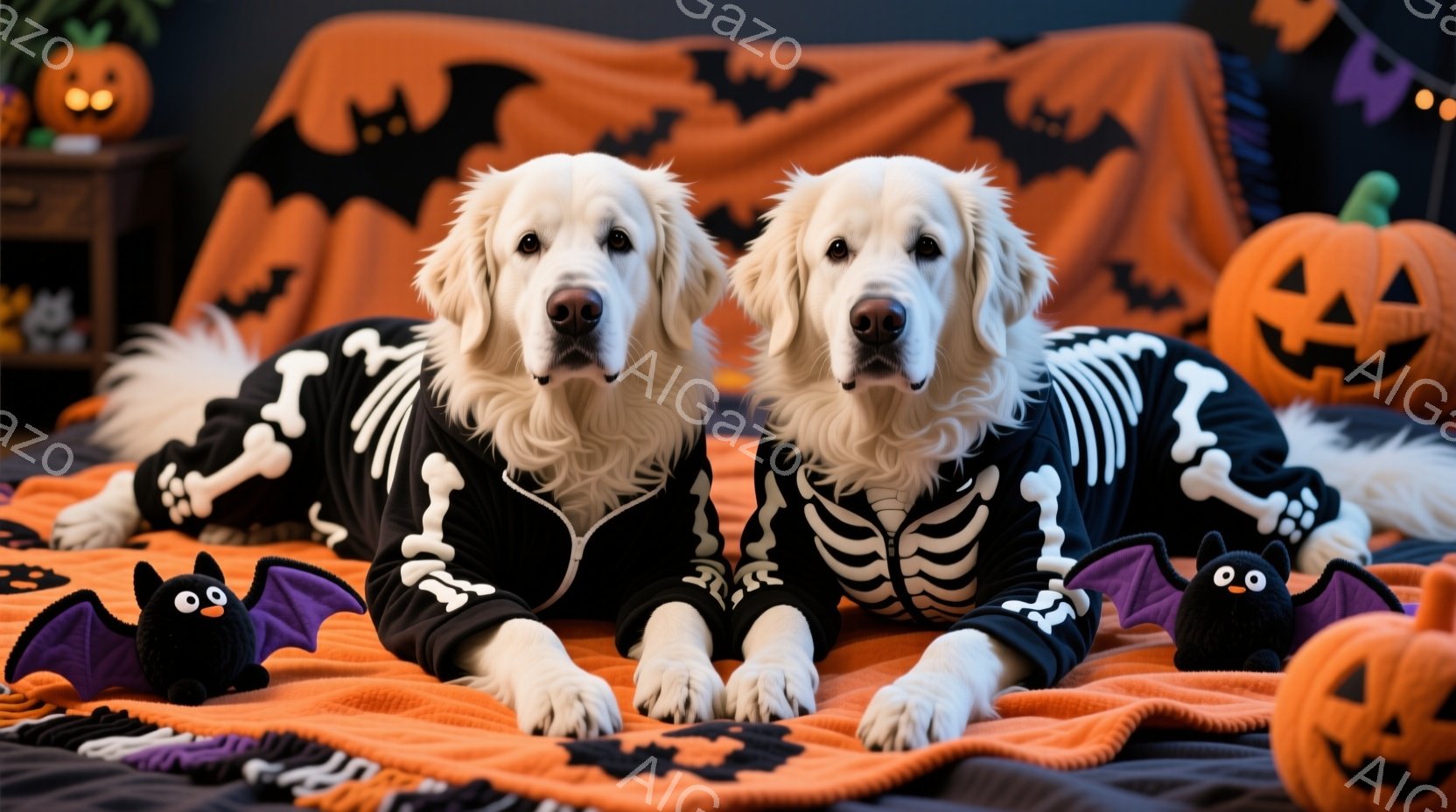 明るいオレンジ色の毛布の上に、骨の模様が描かれた黒い服を着た2匹のゴールデンレトリバーが横たわっています。犬たちはリラックスした表情で、左右に少し体を傾けています。背景にはハロウィーンの装飾、特にカボチャやお化けのぬいぐるみがあり、お祝いムードを醸し出しています。