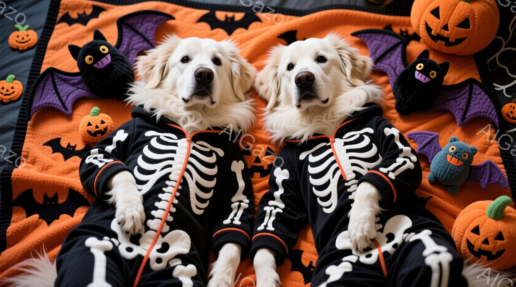 二匹のゴールデンレトリバーが、ハロウィーンをテーマにした衣装を着て、オレンジ色のキルティング生地の上に横たわっています。黒い背景に白い骨の模様が入ったジャンプスーツを着ており、リボンで結ばれています。背景には、カボチャの形をしたクッションや、コウモリのぬいぐるみが散りばめられ、お祭りの楽しい雰囲気を醸し出しています。