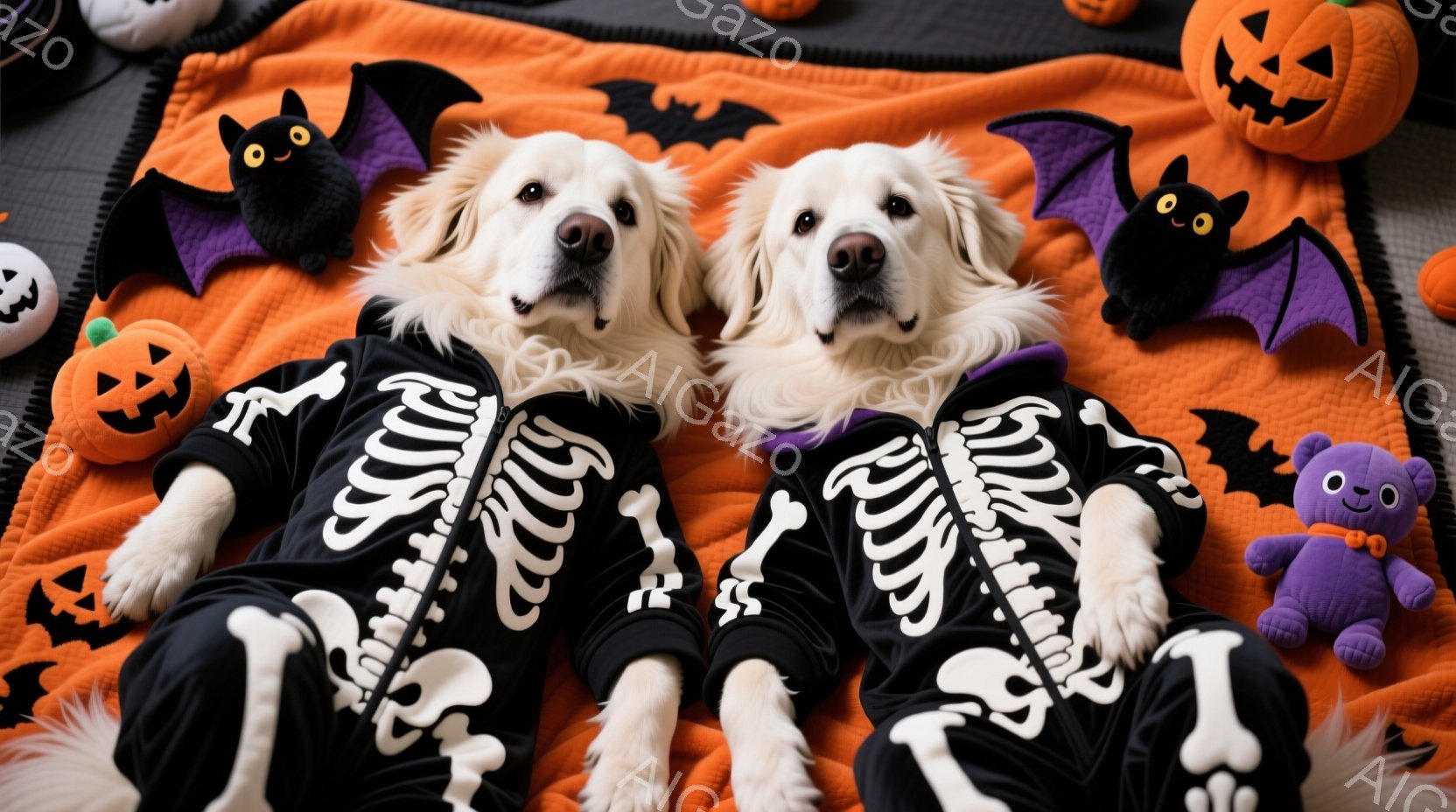 二匹の白い犬がハロウィーンをテーマにした背景の中で、骸骨模様の衣装を着て並んで座っています。犬たちはリラックスした表情で、衣装の骨のプリントが黒い生地に映えています。背景にはオレンジ色のカボチャや黒い - AI生成フリー素材
