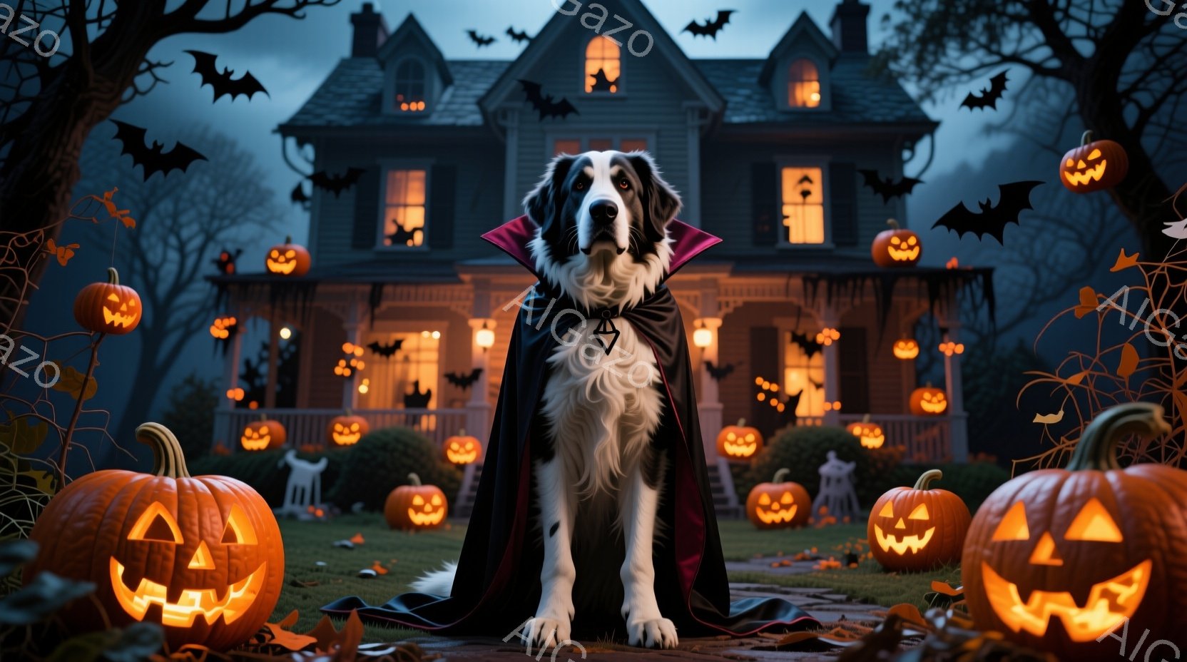 黒と白の大きな犬が、ハロウィーンらしい黒いマントを羽織って正面を向いています。背景には、オレンジ色のジャック・オー・ランタンで飾られた不気味な屋敷と、暗い空に飛び交うコウモリが見え、落ち葉が散らばる庭が広がっています。全体的に、おどろおどろしくもかわいらしい、ハロウィーンの雰囲気満載の画像です。