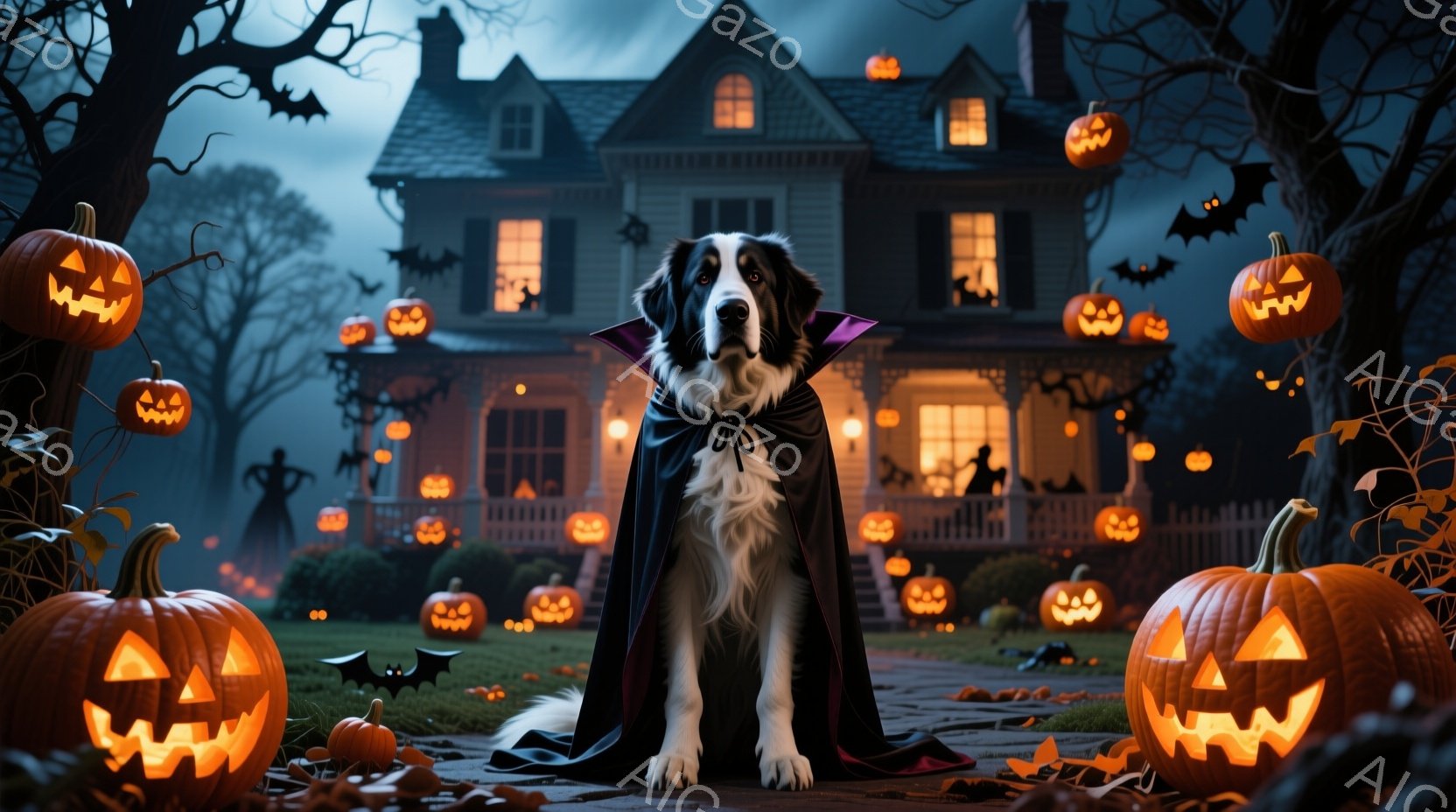 黒と白の毛並みを持つ犬が、ハロウィーン用の黒いマントを羽織って正面を向いて座っています。背景には、ジャック・オー・ランタンで飾られた不気味な屋敷があり、夜空にはコウモリが舞っています。全体的にハロウィ - AI生成フリー素材