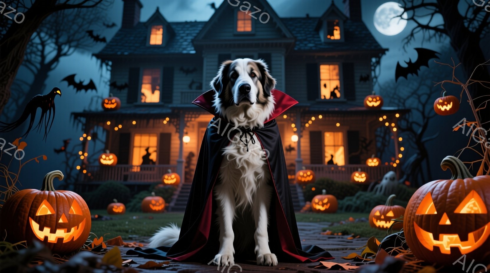 白い毛並みの大型犬が、黒いマントを羽織って正面を向いています。背景には、ハロウィーンの装飾が施された屋敷と、月明かりに照らされた木々、そして飛び交うコウモリが描かれています。全体的に、ハロウィーンの夜 - AI生成フリー素材