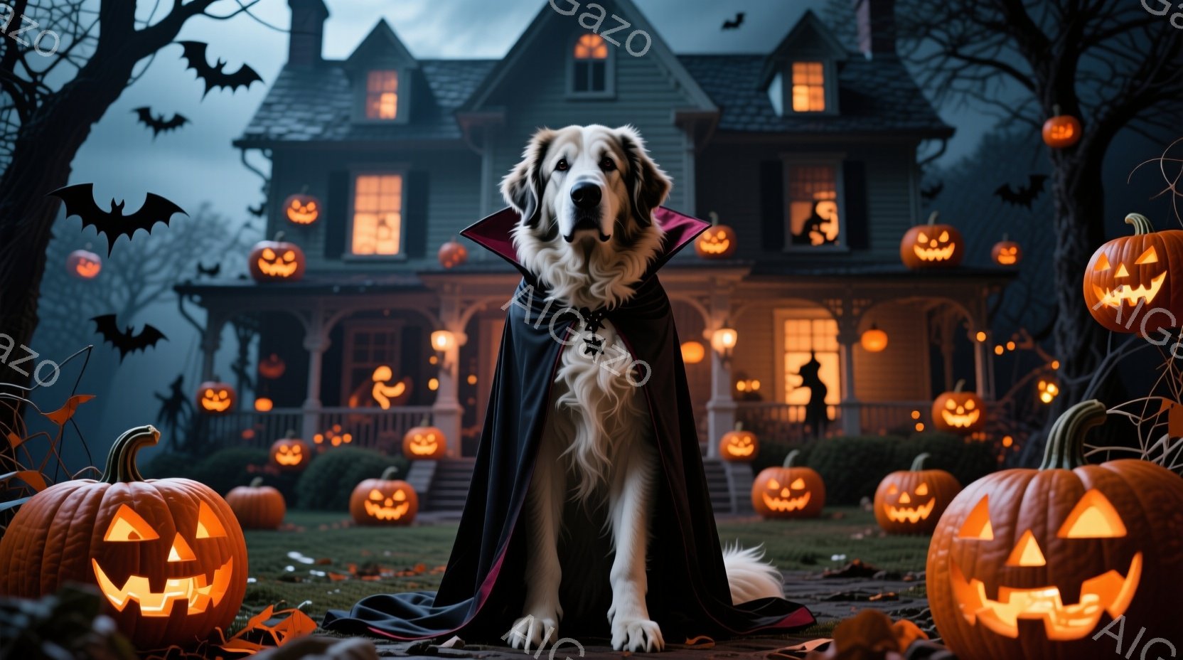 白い毛並みの大型犬が、ハロウィーンらしい黒いマントを羽織って正面を向いています。背景には、たくさんのジャック・オー・ランタンでライトアップされた古風な家があり、夜空にはコウモリが舞っています。全体的に - AI生成フリー素材