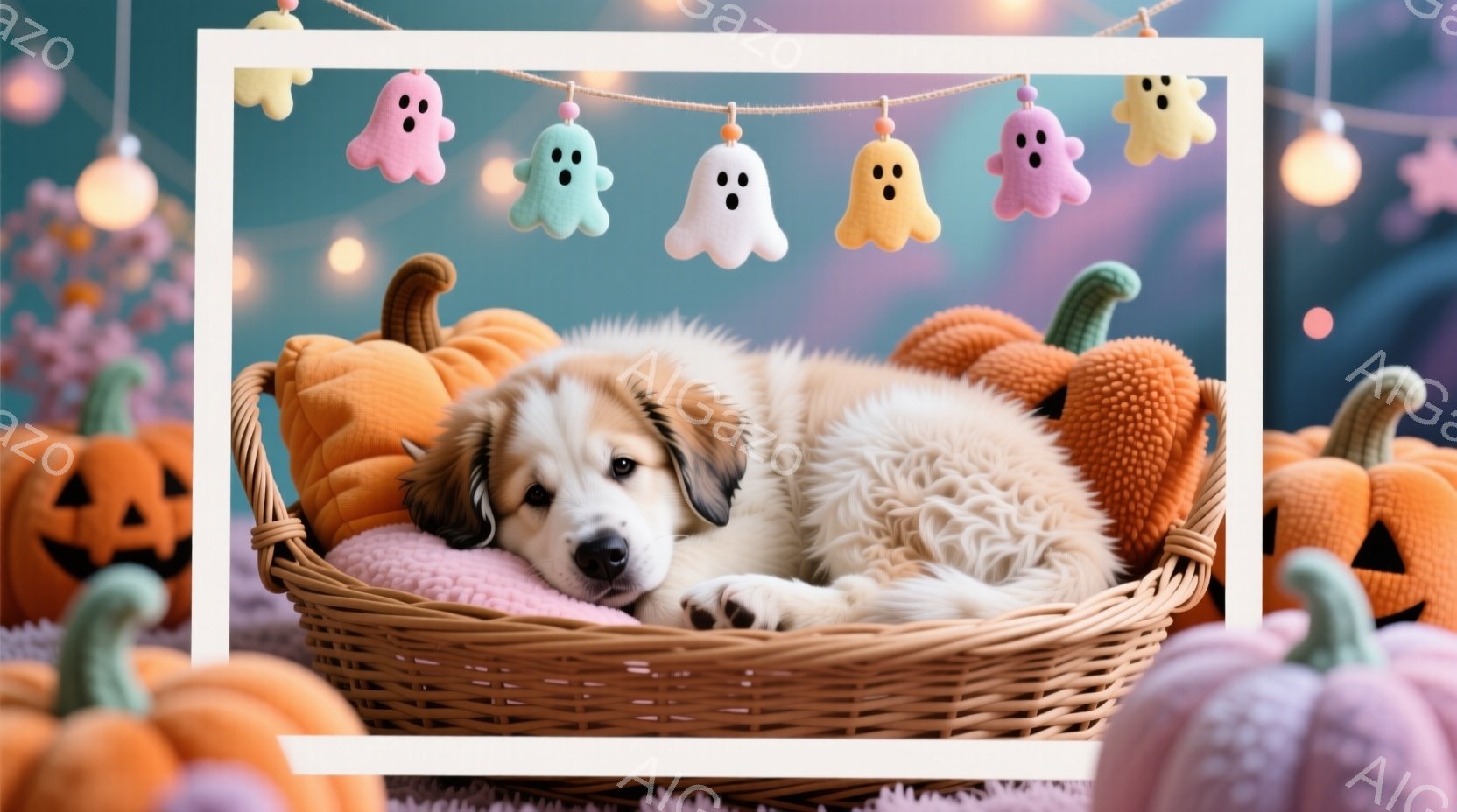 籐製のバスケットの中に、ふわふわの毛並みを持つ子犬が丸まって眠っています。背景にはハロウィーンの飾り付けが施されており、オレンジ色のカボチャや可愛らしいお化けのガーランド、そしてぼんやりとした光が暖か - AI生成フリー素材