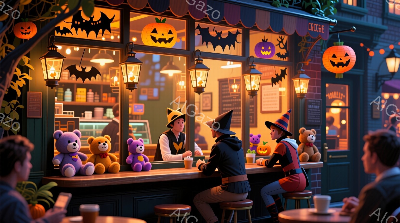 ホールイン・ザ・ウォップ（ワンパスフェスティバル）の中にある酒場に集まった人たち。男性店員は、子供たちに紹介される「おでかけ」を担当しています。 異世界的な景色とハロウィンの調和が見られます。