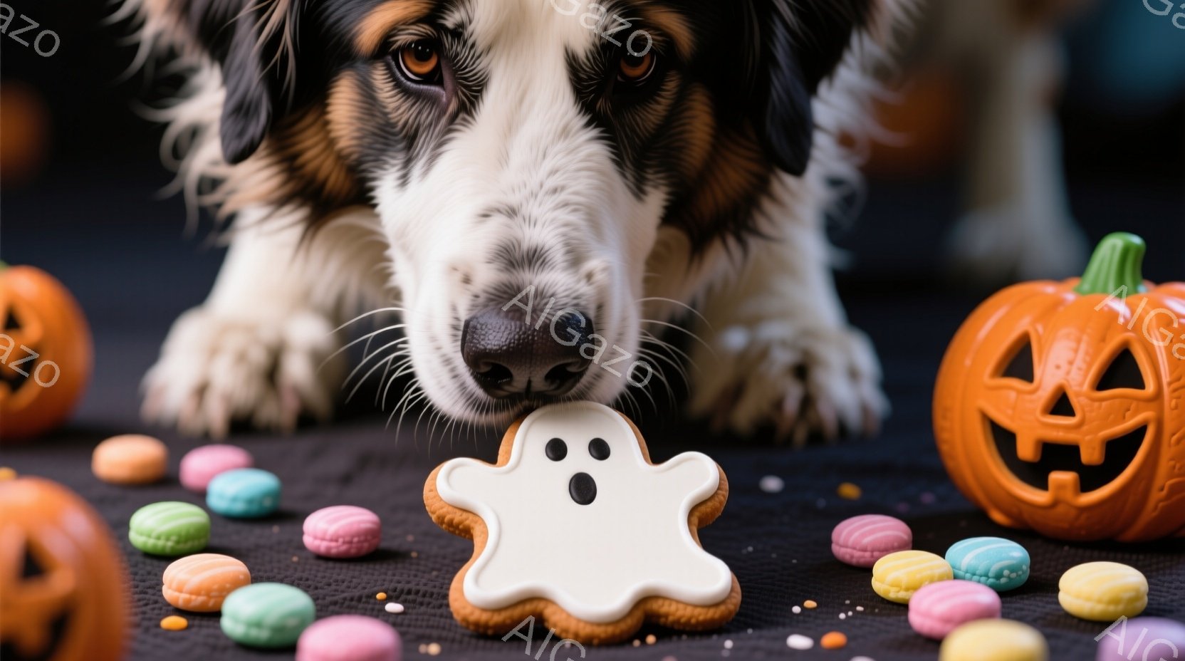 黒い背景の上に、可愛らしいボーダーコリーが幽霊の形をしたクッキーに鼻を近づけています。周囲にはカラフルなマカロンや小さなキャンディが散りばめられ、背景にはジャック・オー・ランタンが配置されています。ハ - AI生成フリー素材