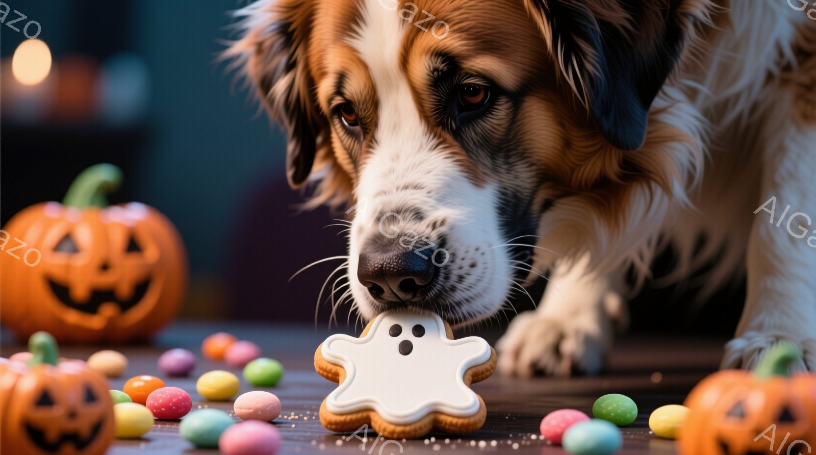 長毛の犬がハロウィーンのクッキーに鼻を近づけています。周りにはカラフルなキャンディが散りばめられ、背景にはジャック・オー・ランタンが配置されています。全体的に暖色系の照明で、秋らしい、可愛らしい雰囲気 - AI生成フリー素材