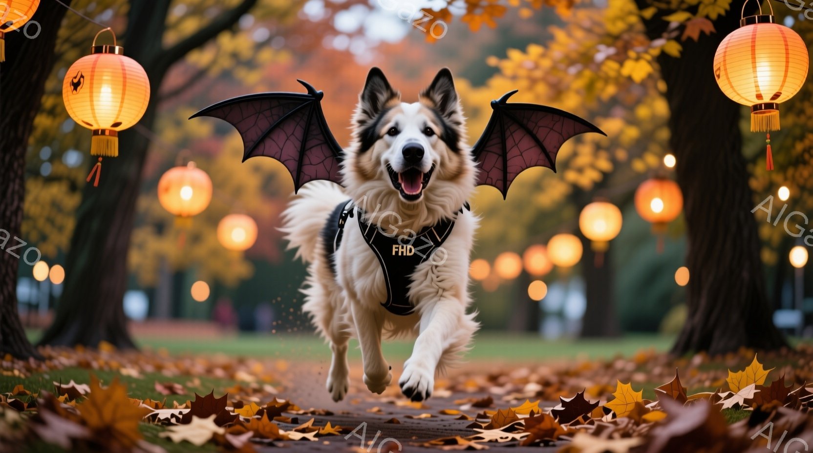 白と黒の毛並みの犬が、黒い羽根のようなものを背中に付けて、公園の遊歩道を走り抜けている。犬は嬉しそうに口を開けており、赤い提灯が並ぶ木々の間を駆け抜ける様子は、秋の陽気な雰囲気を醸し出している。地面に - AI生成フリー素材