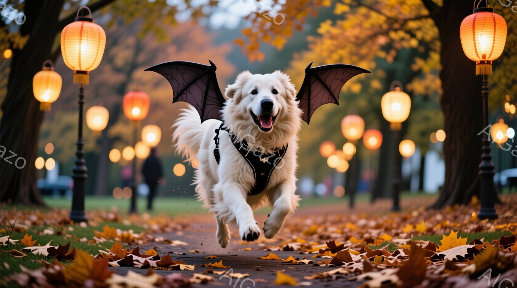 白い毛並みの犬が、ハロウィーン用の黒い翼を付けて、落ち葉が敷き詰められた道を勢いよく駆けている。背景には、ぼんやりと光る街灯が並び、秋の公園の暖かく幻想的な雰囲気を醸し出している。犬は嬉しそうに口を開 - AI生成フリー素材