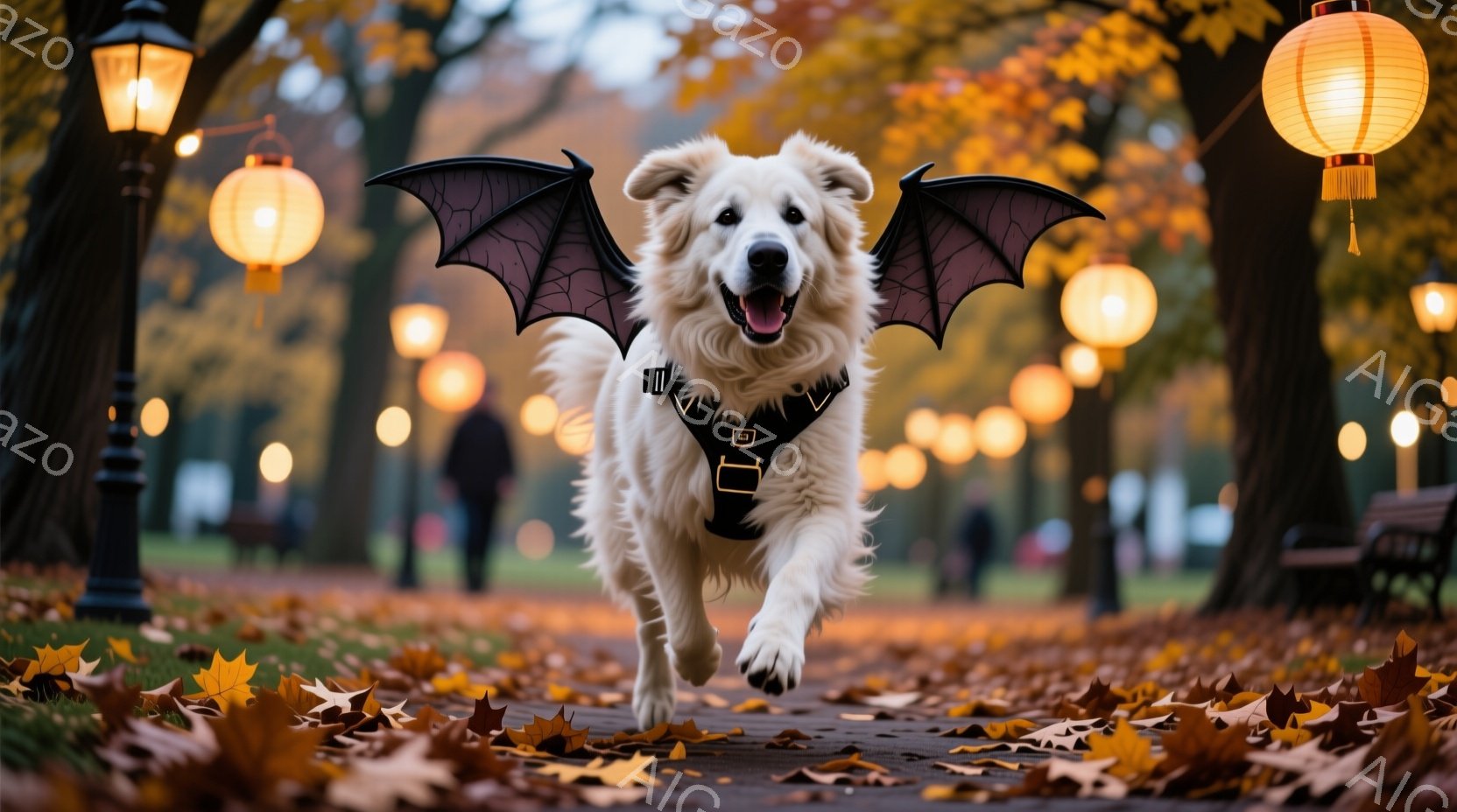 白い毛並みの犬が、黒いコウモリの羽を装着して公園の遊歩道を駆けている。背景には色づいた木々と街灯が並び、落ち葉が散らばる遊歩道が秋の雰囲気を醸し出している。犬は口を開けて楽しそうに走り、その姿は躍動感に満ちている。