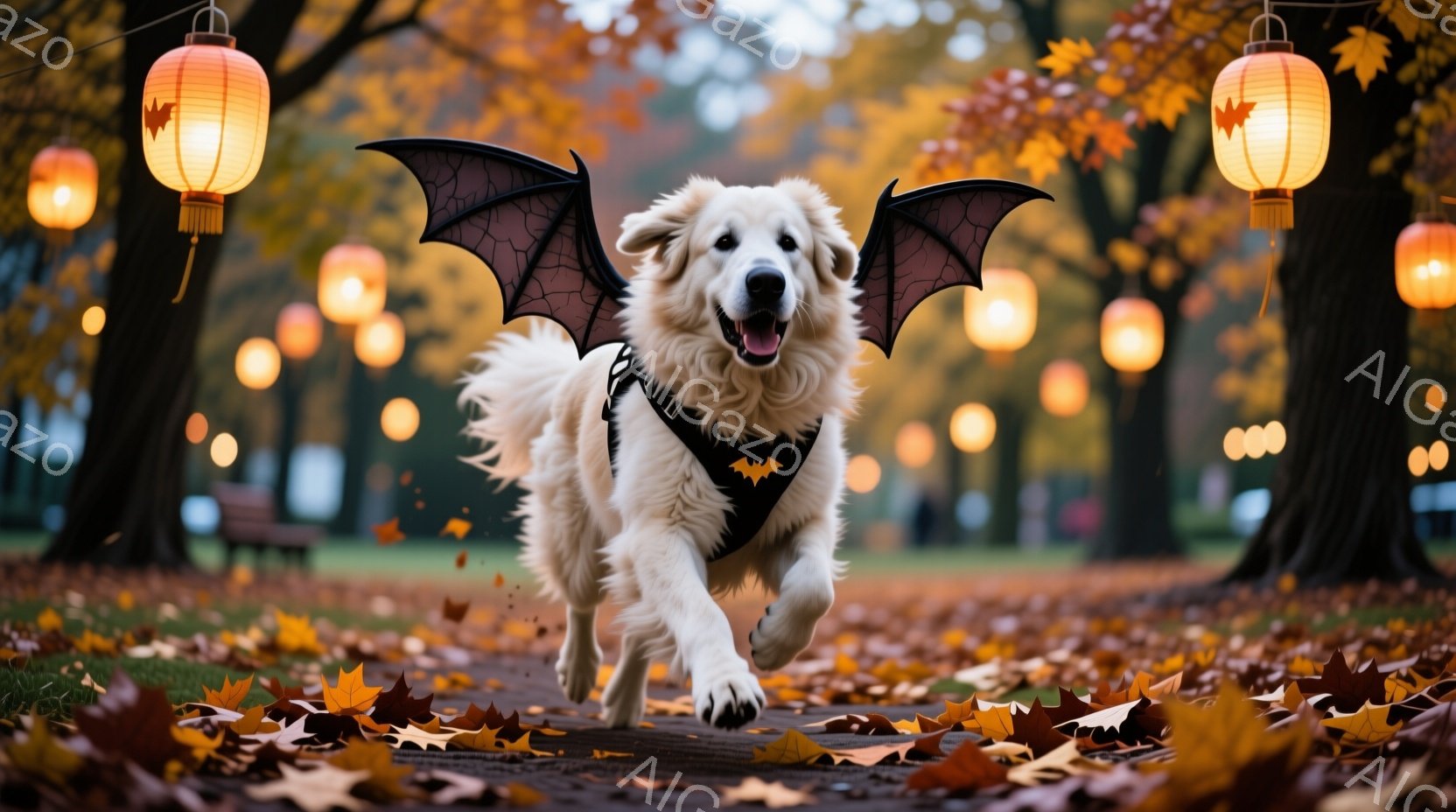 白い毛並みの大型犬が、ハロウィーンの扮装で公園を駆け抜けている。黒い羽のようなアクセサリーを背中に装着し、嬉しそうに口を開けて走っている。背景には秋色の葉が舞い散る遊歩道と、オレンジ色の提灯が並ぶ木々 - AI生成フリー素材
