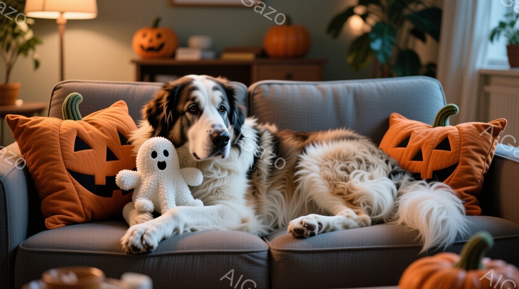 白黒の大きな犬が、ハロウィーンを意識したオレンジ色のカボチャ柄のクッションに挟まれて、灰色のソファで横になっています。愛らしい白い幽霊のぬいぐるみは、犬の足元に置かれています。背景には、ハロウィーンの飾りや植物が見え、暖かく穏やかな家庭的な雰囲気が漂っています。