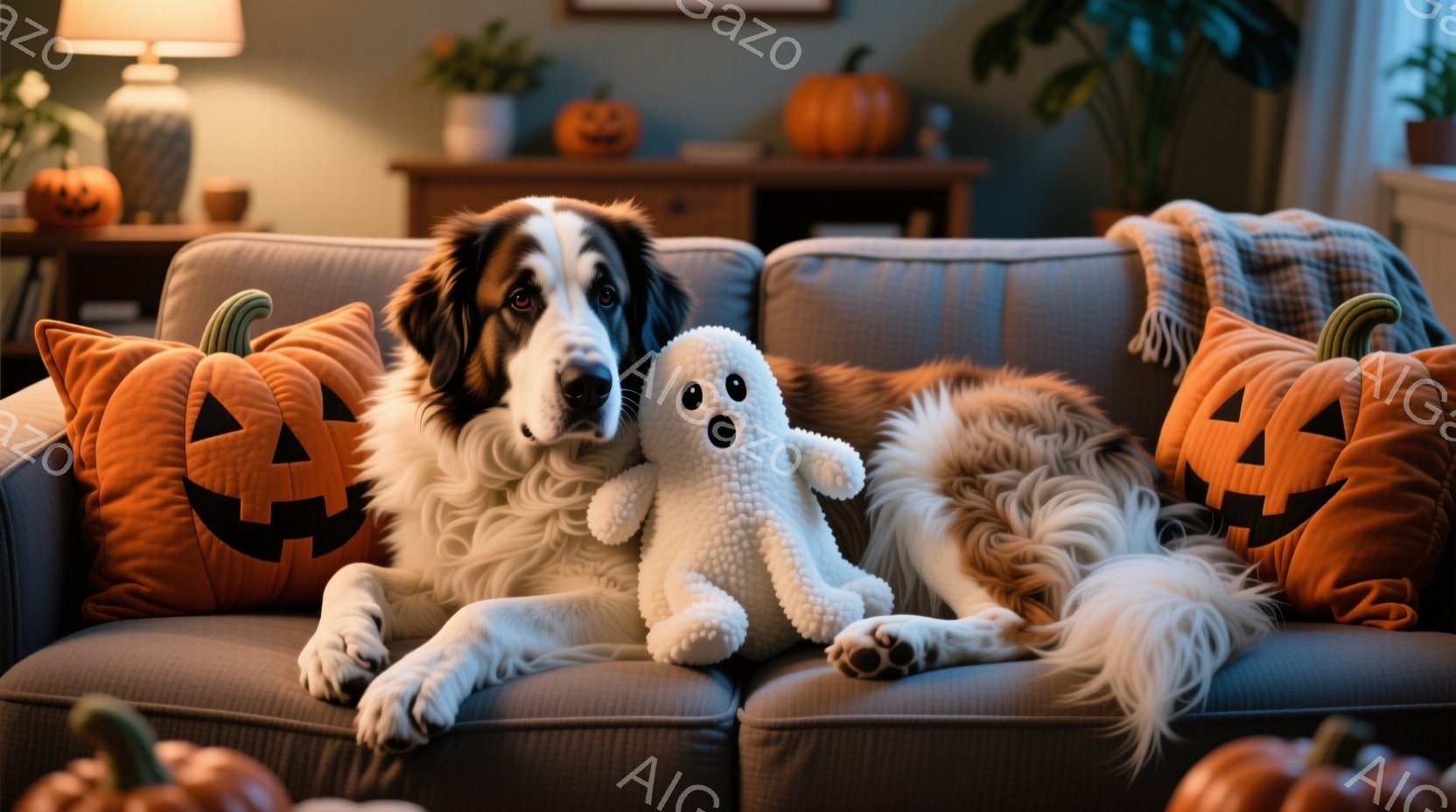 大きな白い毛並みを持つ犬が、ハロウィーンをテーマにしたオレンジ色のカボチャのクッションに囲まれた灰色のソファに横たわっています。その犬は白いゴーストのぬいぐるみを抱き、穏やかでリラックスした表情をして - AI生成フリー素材