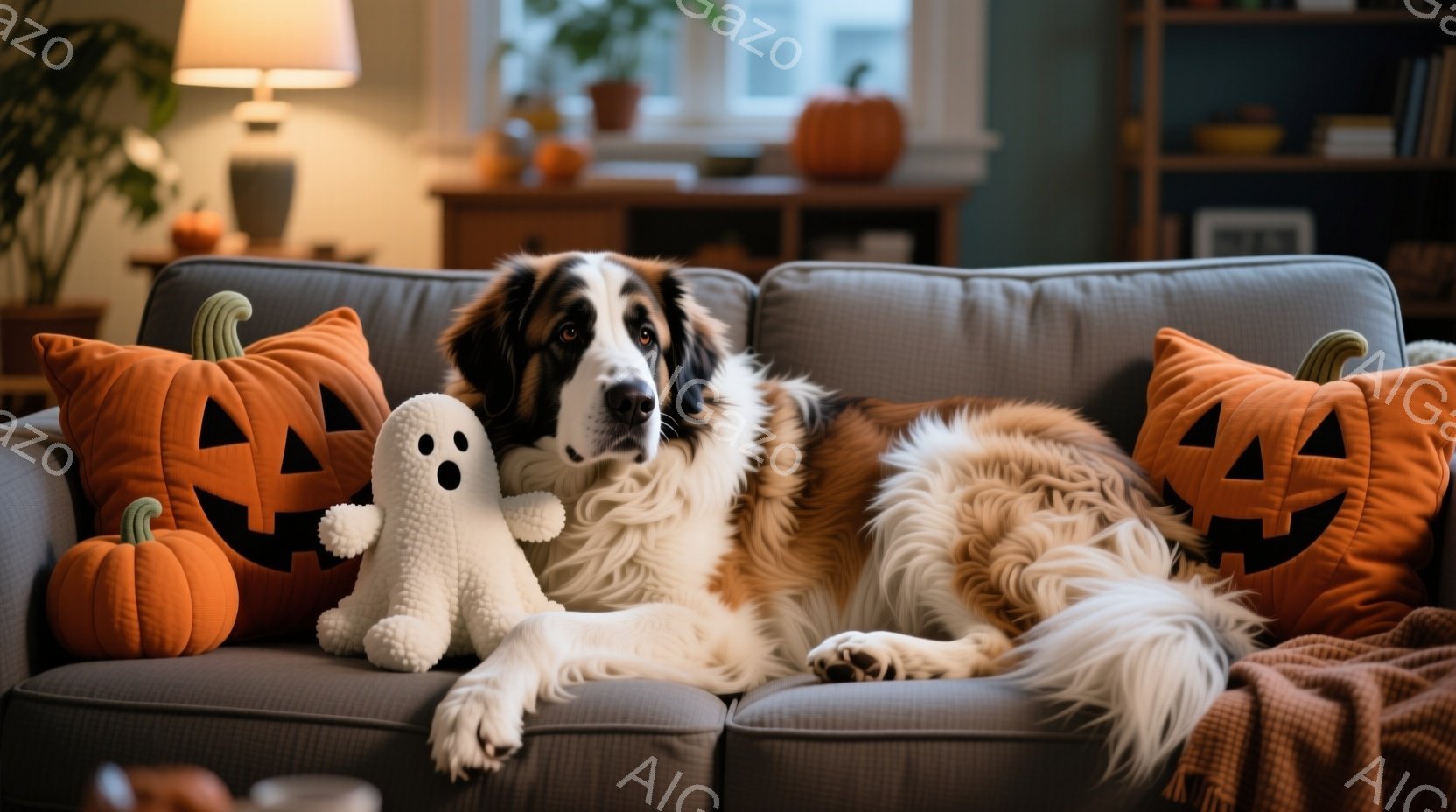 大きな犬がグレーのソファに横たわり、ハロウィーンの装飾で囲まれています。犬は白いぬいぐるみのお化けを前足で抱きかかえ、リラックスした表情でカメラを見つめています。背景には、ハロウィーンカボチャのクッシ - AI生成フリー素材