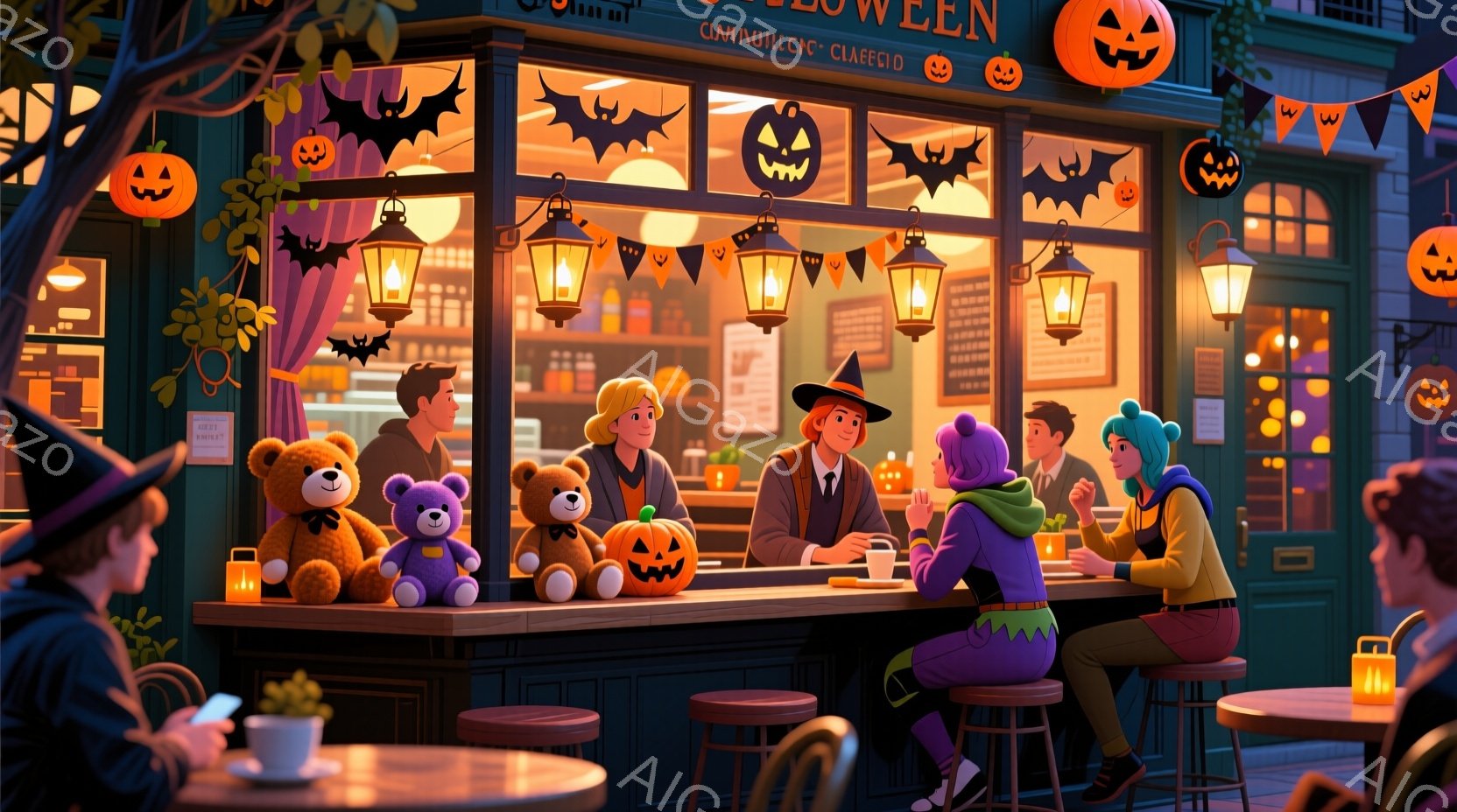 ハロウィーンの夜、装飾された建物前に人々が集まっている様子が描かれています。女性は魔女の帽子を被り、緑色のドレスを着ており、他の人々はカジュアルな服装で、暖かく楽しい雰囲気を醸し出しています。建物はハ - AI生成フリー素材