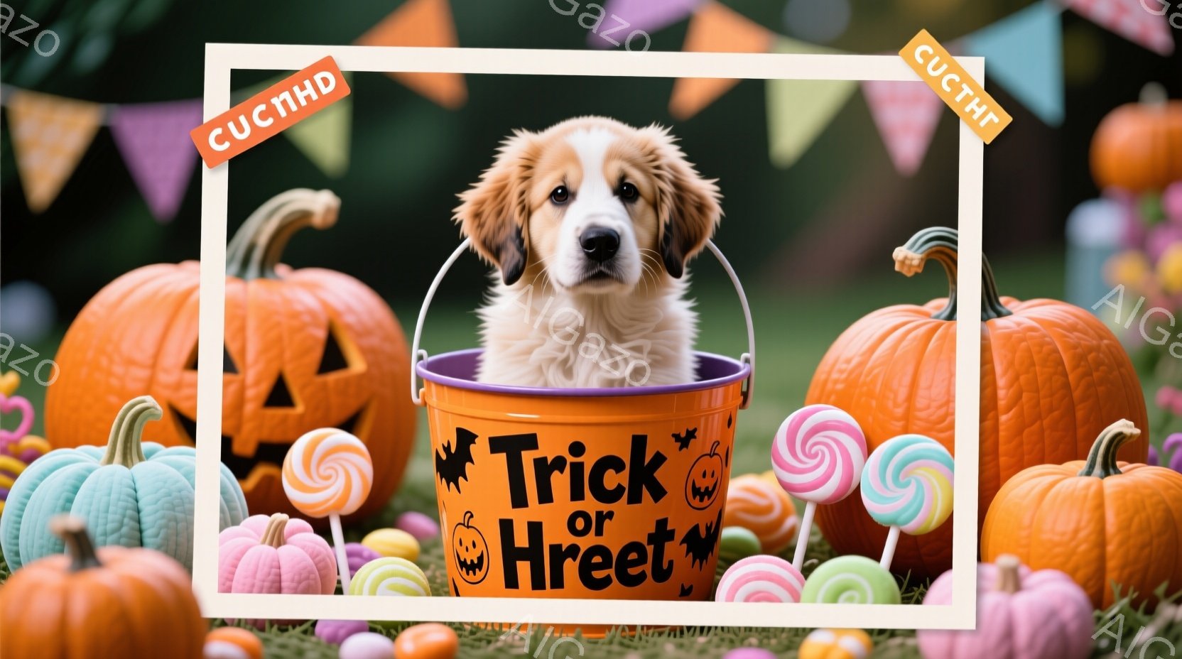 オレンジ色のバケツの中に、ふわふわの毛並みの犬がちょこんと座っています。背景には、様々な色と形のハロウィーンの飾り、例えばカボチャやキャンディが散りばめられており、お祭り気分を盛り上げています。全体的 - AI生成フリー素材