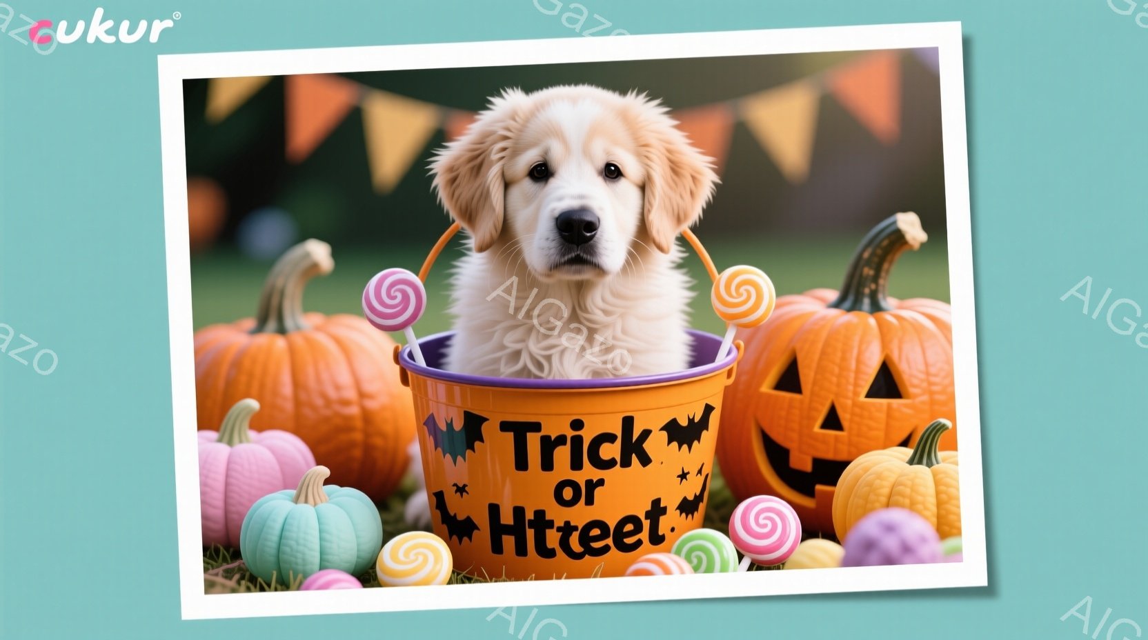 ゴールデンレトリバーの子犬がハロウィーン用のバケツに入って座っています。バケツには「トリック・オア・トリート」と書かれており、周りにはオレンジ色と水色のカボチャ、そしてカラフルなキャンディが置かれてい - AI生成フリー素材