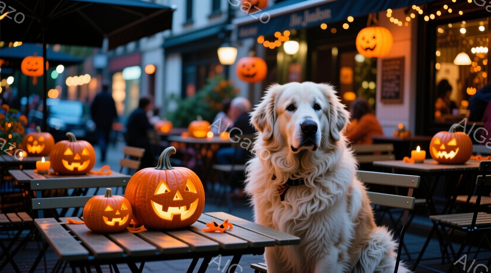 屋外のカフェのテラス席に、彫刻が施された多くのカボチャが置かれ、ハロウィンの雰囲気が漂っています。毛並みの美しいゴールデンレトリバーが、テラス席のテーブルに座り、こちらを見つめており、その表情は穏やか - AI生成フリー素材