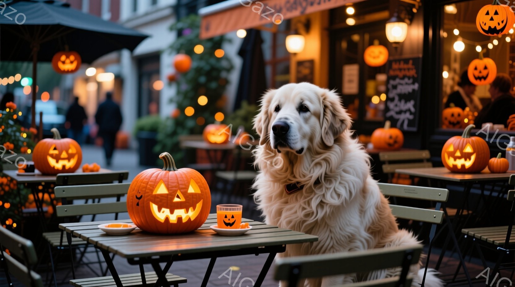 明るいオレンジ色のジャック・オー・ランタンが並んだ、屋外のカフェ席にゴールデンレトリバーが座っています。犬は落ち着いた表情で、首輪をつけてリラックスした姿勢です。背景には、ハロウィーンの装飾が施された - AI生成フリー素材