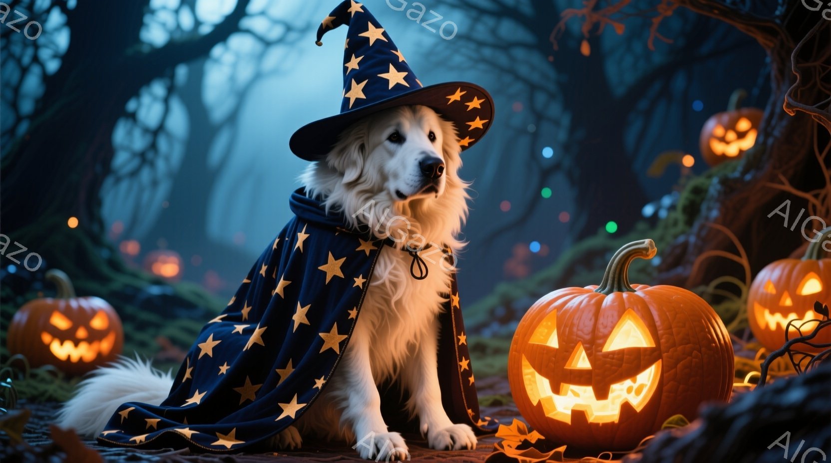 白い毛並みの犬が、星が散りばめられた濃い青色の魔法使いの衣装と帽子を身につけて座っています。背景には、不気味な笑顔で光るハロウィーンのジャック・オー・ランタンがいくつか置かれ、暗い森が広がっています。全体的に、神秘的で楽しいハロウィーンの雰囲気が漂っています。