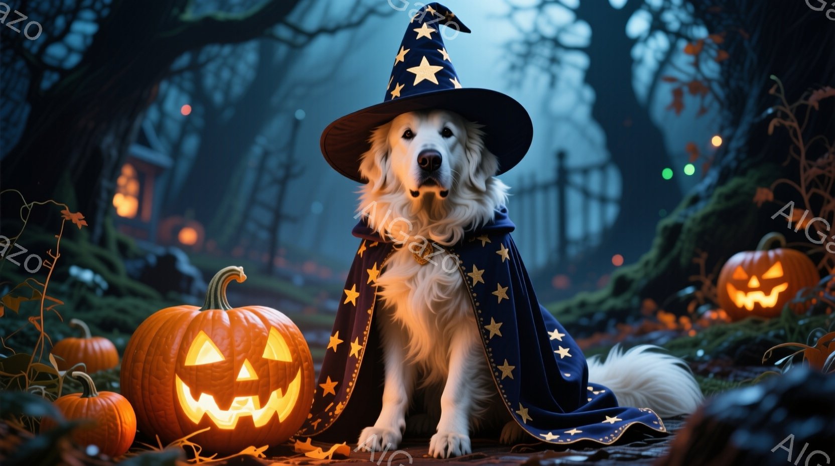白い毛並みの犬が、星が刺繍された青いマントと先の尖った魔女帽子を身に着け、ちょこんと座っています。周囲には様々な大きさのジャック・オー・ランタンが配置され、ぼんやりとした光を放っています。背景は暗い森 - AI生成フリー素材