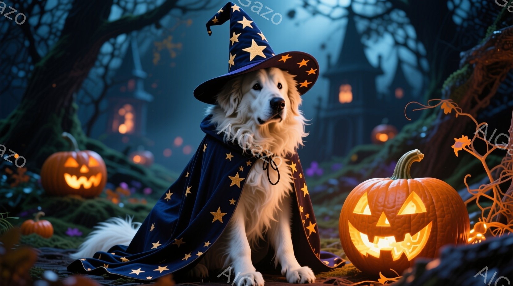 白い毛並みの犬が、星が散りばめられた青い魔法使いの帽子とマントを身に着けて座っています。背景には、ジャック・オー・ランタンが灯り、暗い森と遠くに見えるお城が広がっており、ハロウィーンの夜を思わせる不気 - AI生成フリー素材