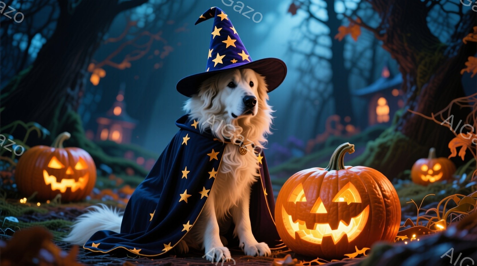 白い毛並みの犬が、星が刺繍された濃い青色のマントと、先のとがった黒い帽子を身につけて座っています。犬は前をまっすぐ見ており、表情は穏やかで、ハロウィーンの雰囲気を醸し出しています。背景には、オレンジ色 - AI生成フリー素材