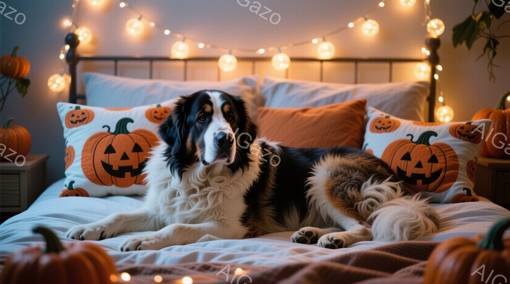 The image shows a dog, likely a Border Collie given its coat pattern and size, sitting attentively on a bed adorned with Halloween decorations. The room has a festive atmosphere with string lights around the bed and pumpkin pillows as part of the Halloween theme. The dog's posture is relaxed yet alert, looking to its left with a calm expression. There are no people visible in this image.