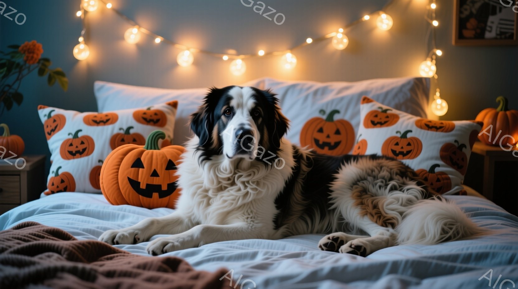 白と黒の大きな犬がベッドに横たわっています。ベッドにはハロウィーンをテーマにしたカボチャの模様の枕が置かれ、ベッドサイドテーブルの上にはカボチャが飾られています。暖色の光が灯ったガーランドが背景にあり - AI生成フリー素材
