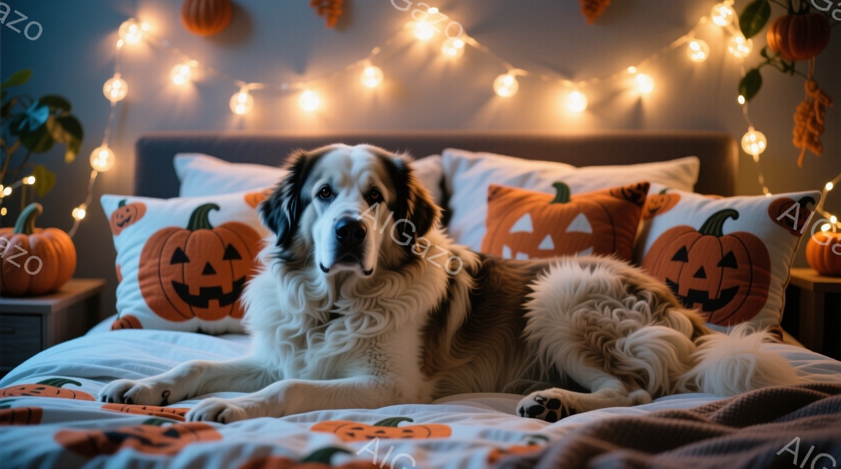 白黒の大きな犬が、ハロウィーンをテーマにしたベッドの上で横たわっています。ベッドには、カボチャ柄の枕が飾られ、背景にはオレンジ色のカボチャの飾りと光る電球のガーランドが飾られています。全体的に温かく、秋のハロウィーンの雰囲気が漂う、居心地の良い光景です。