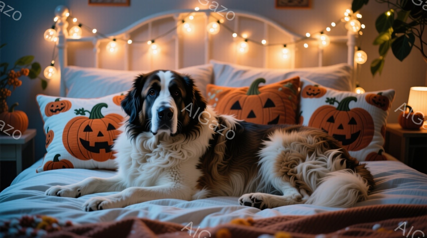 大きな白い毛並みを持つセントバーナード犬がベッドに横たわっています。ハロウィーンを意識したオレンジ色のカボチャ柄クッションが背後に並び、ベッドサイドテーブルには小さなカボチャが置かれています。暖色系の - AI生成フリー素材