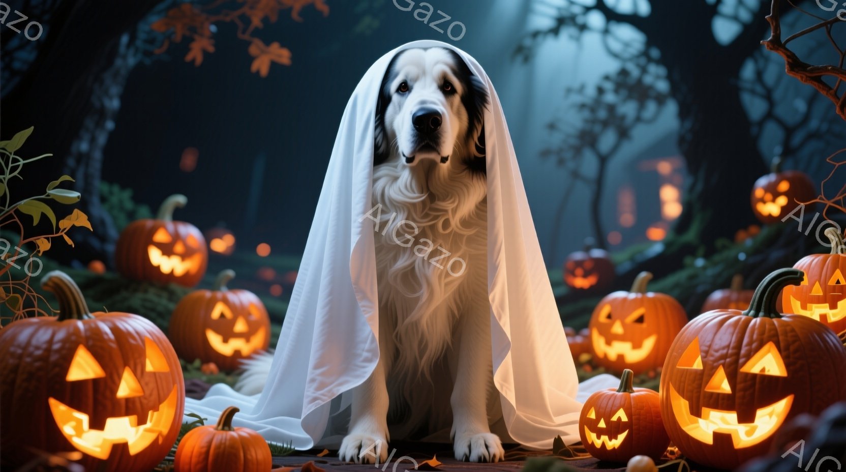 白い毛並みの犬が白い布を頭から羽織って座っており、ハロウィーンの仮装をしているように見えます。背景には、さまざまな大きさのジャック・オ・ランタンが散りばめられ、不気味ながらも温かい光を放っています。暗 - AI生成フリー素材