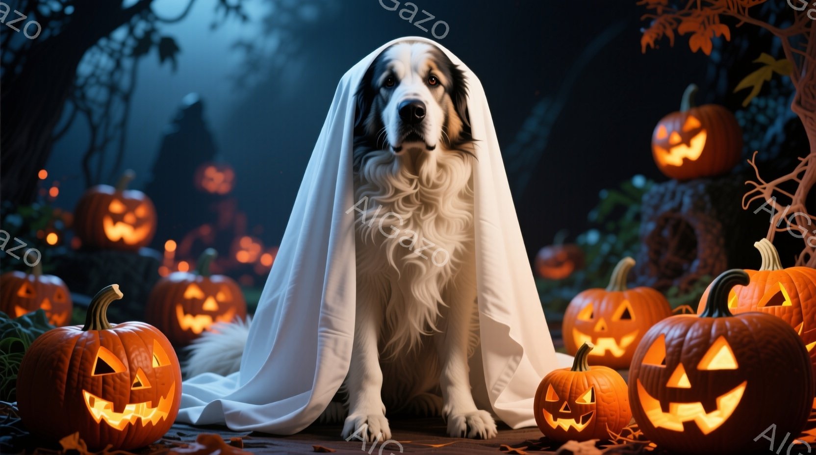 白い毛並みの大型犬が、ハロウィーン用の白い布を羽織って座っています。背景には、様々な表情でくり抜かれたジャック・オー・ランタンが所狭しと並び、暗闇の中で不気味な光を放っています。全体的にハロウィーンの - AI生成フリー素材